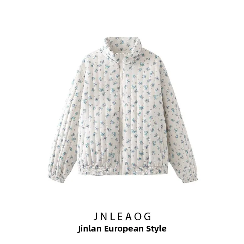 JNLEAOG Herbst Neue frauen Casual Amerikanischen Floral Thiened Baumwolle Jaet Street Sle Stand Fit Polyester Faser Lange S...