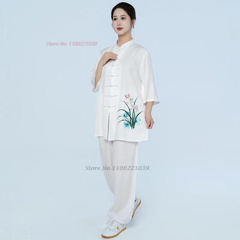 Strój do chińskiego tai chi wushu 2026, uniform do kungfu, strój do treningu, retro kwiatowy nadruk, bawełna i len, sztuki walki wushu, na zewnątrz, do chodzenia. — zdjęcie 6