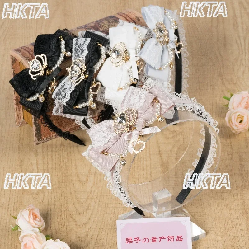 Japanese Style Side Three-Dimensional Bow Hairband Kawaii Cute Pearl String Headband Lolita Fluffy Hair Accessory Women Hair Bow