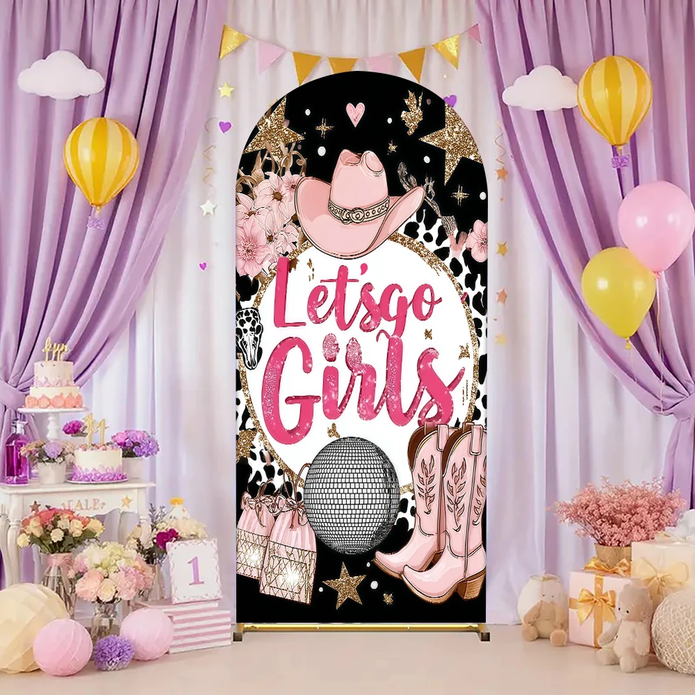 

"Let's Go Girls" Western Cowgirl Backdrop with Pink Cowboy Hat, Boots & Disco Ball - Ideal for Cowgirl Theme Parties, Birthdays