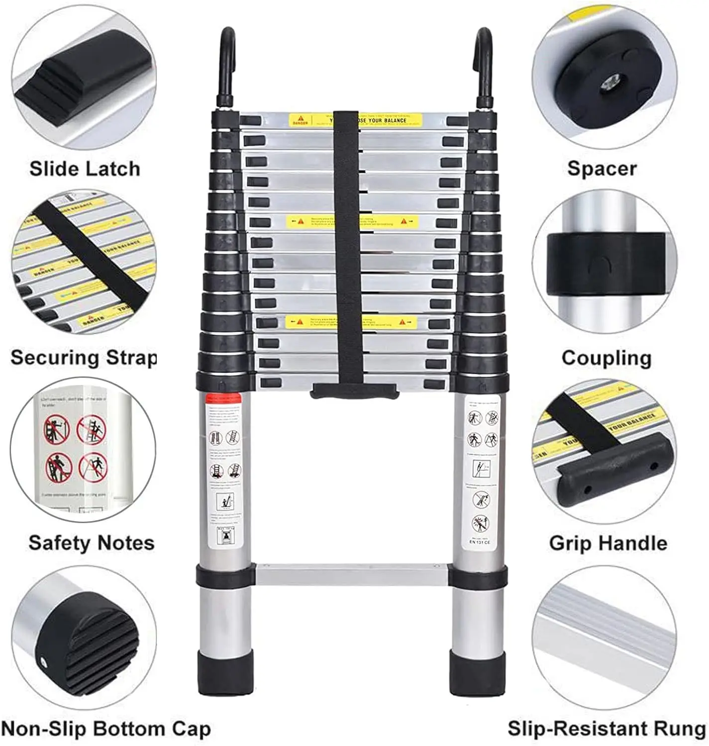 DayPlus-escalera telescópica plegable de aluminio, escalera plegable multiusos de 5M con ganchos, de 16,5 pies, para Loft, 330lb, EN131