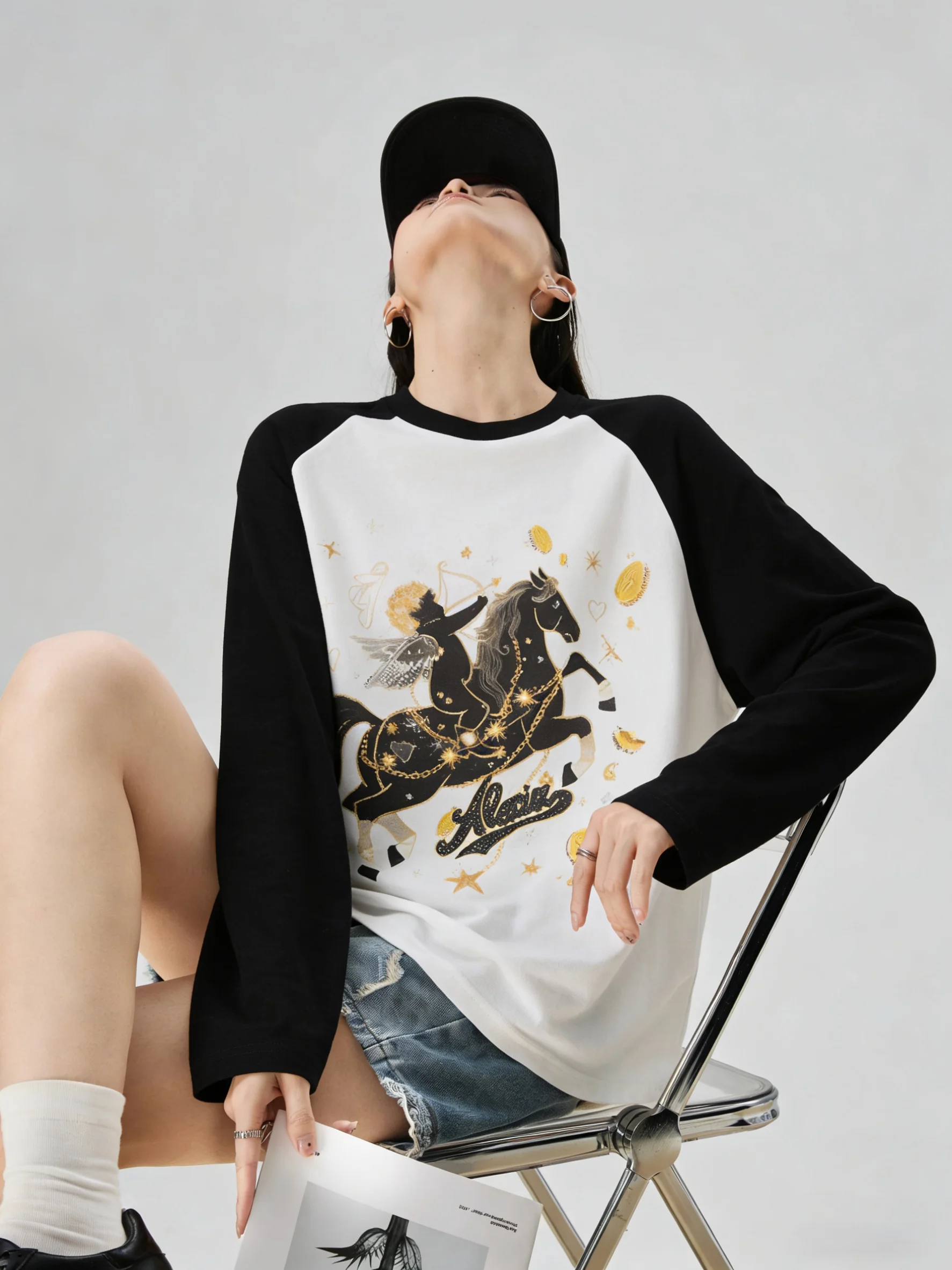 

Bla Print Patchwork Long Sve T-irt Women's Early Spring Super Beautiful Single Wear Design Sense Top