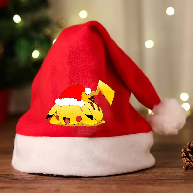 Pokemon Pikachu Santa Hats Non-woven Fabric Red Xmas Cap Adults Unisex Christmas Dress-up Party Decor Cosplay Child Party Gift