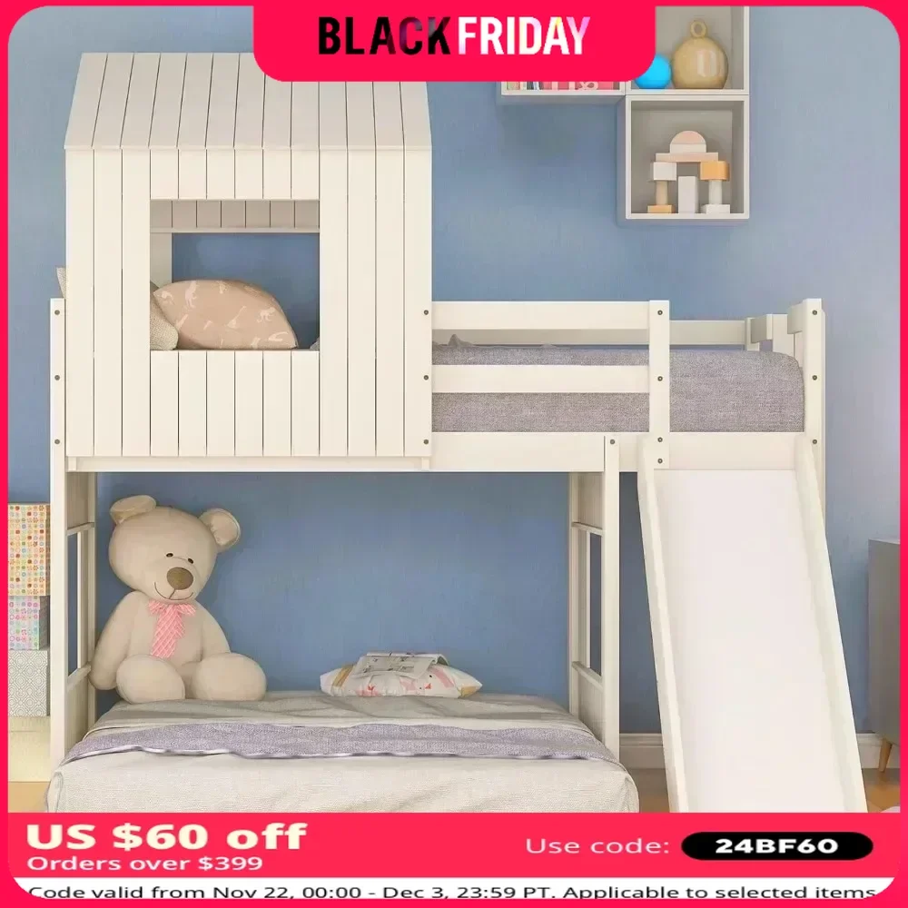 Bunk Beds with Slide, Wood with Roof and Guard Rail for Kids, Toddlers, No Box Spring Needed, Beds Bedroom Furniture