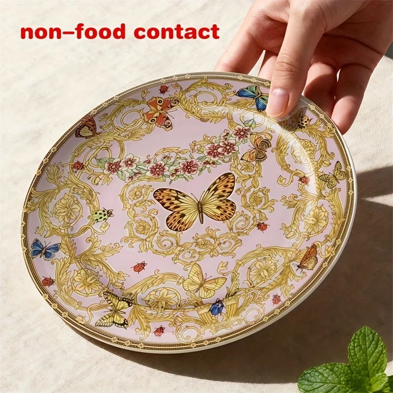 Christmas Single-Pack Decorative Plate, Golden Butterfly Pink Floral Romantic Ceramic Decorative Plate. Not for Food Contact,
