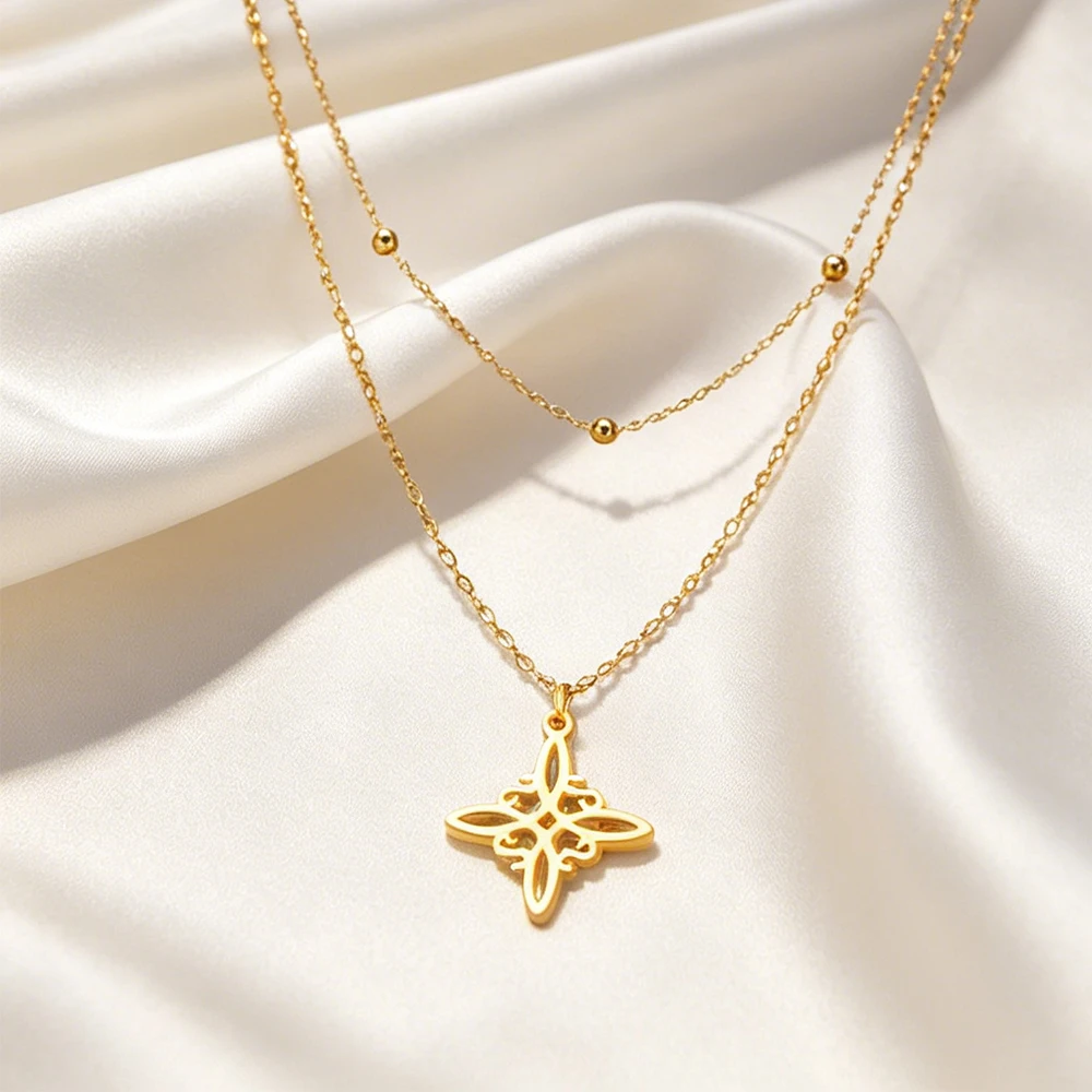 Fashion Witch Knot Celtic Knot Pentagram Necklace Stainless Steel Double Layer Chain Pentagram Clavicle Chain Talisman Jewelry