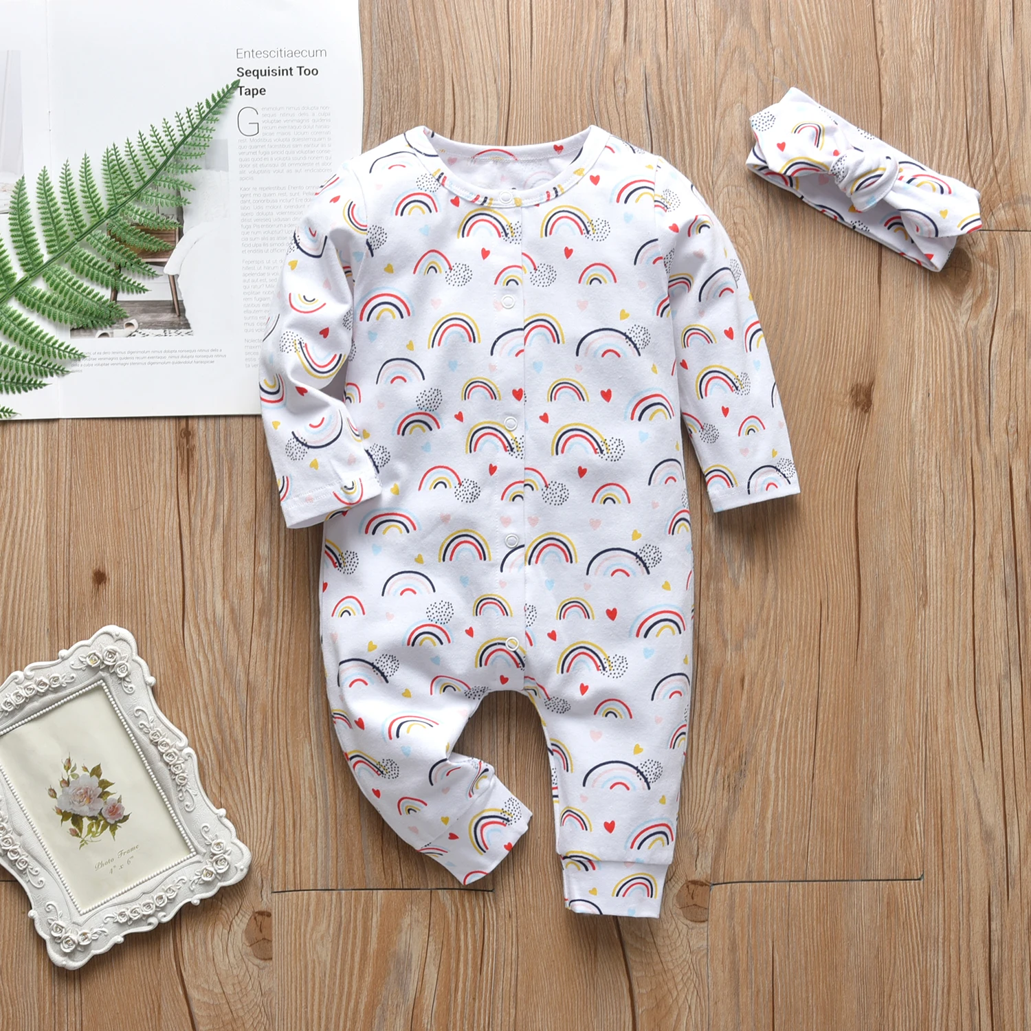 2pcs Infant Baby Girls Clothes Fashion Printed Cotton Long Sleeve Romper Jumpsuit with Headband Newborn Clothing for 0-18month