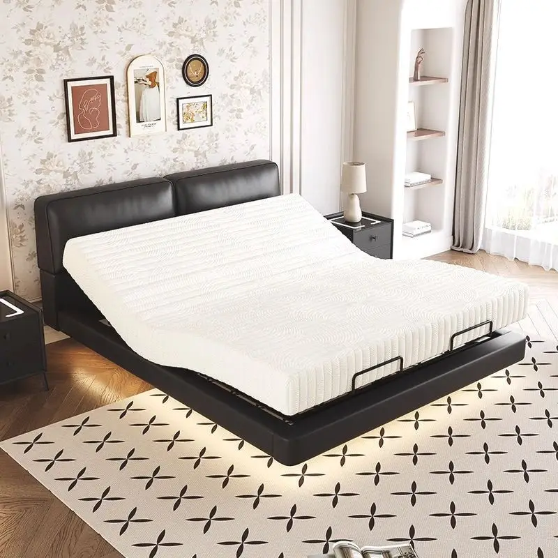 Intelligent electric function bed Italian minimalist suspension Internet celebrity first layer cowhide black leather double bed