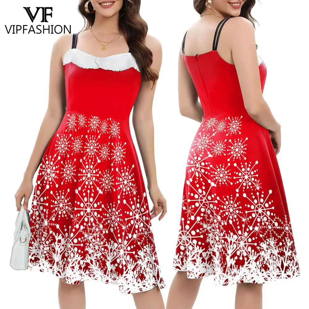 VIP FASHION Woman Snowflake Christmas Dress Sweetheart Neck Sphagetti Strp Dress New Year Dress Up Fancy Costume Xmas Clothes