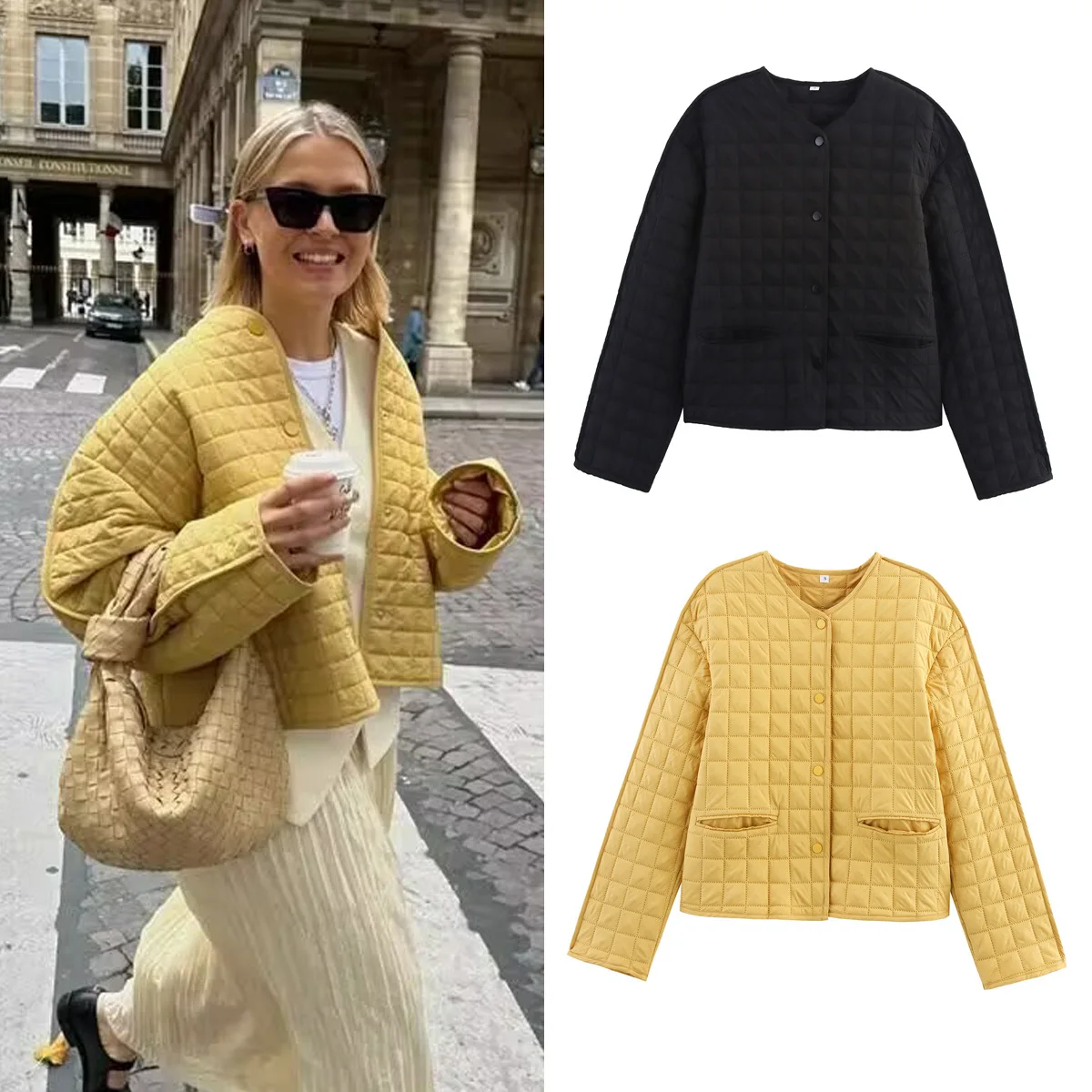 

Women's Winter New Bomber Jacket Round Neck Long Sleeved Single Breasted Plaid Cotton Coat for Women Single-Breasted Padded Coat
