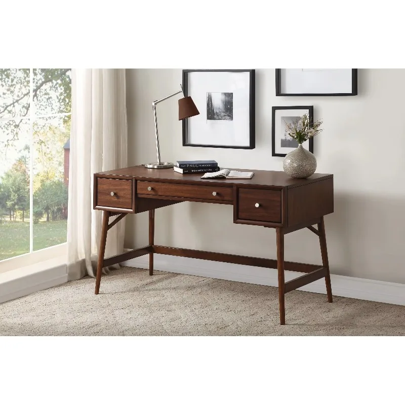 Stylish Brown Finish Walnut Veneer Writing Desk with Storage Drawer Nickel Knob Hardware Computer Furniture