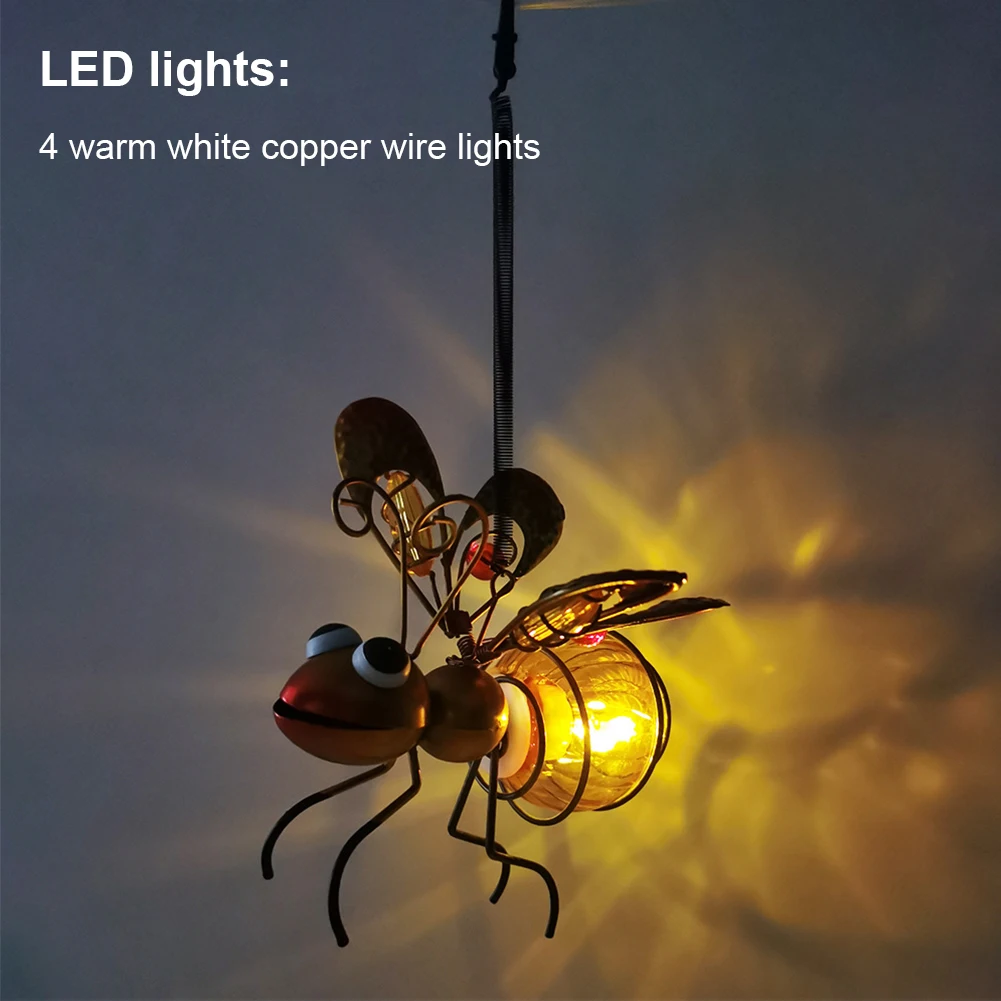 Solar-Powered Iron Insect Statue with LED Fairy Light with Bouncy Springs Hanging Bee Light Outdoor Hanging Lights Garden Decor