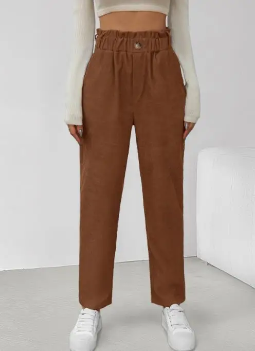 2025 جديد الخريف/الشتاء عادية أنيقة مطاطا تسع نقاط السراويل ركاب سروال قصير مستقيم الساق للنساء بنطلون أسفل