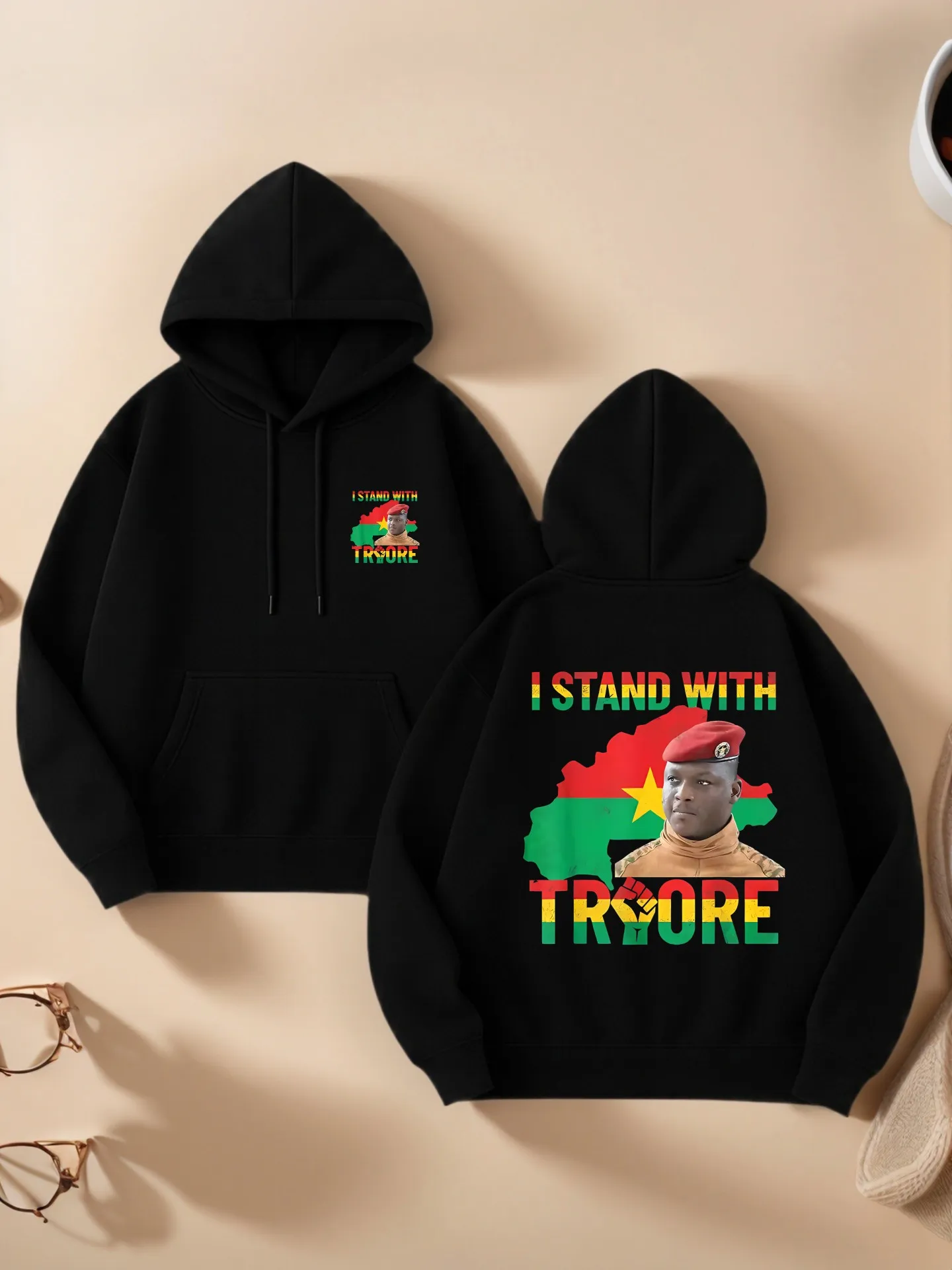 

Graphic Hoodie, I Stand With Traore Print, Casual Streetwear Style, Cotton Blend, Casual Everyday Wear, For Men