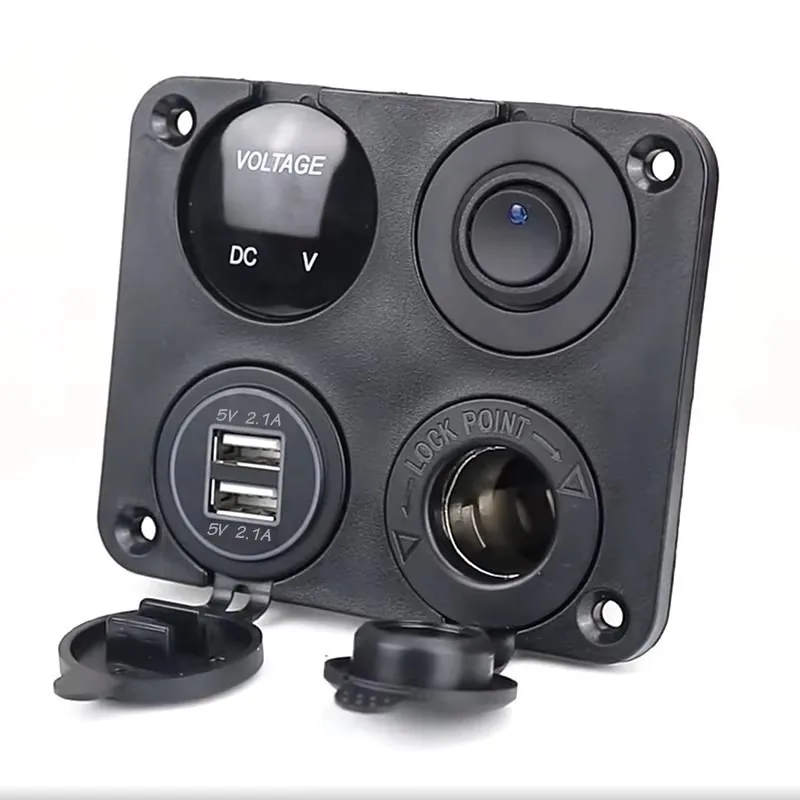 Pre-Wired 4-Function Panel for Off-Road Vehicles, Voltmeter + USB + Switch + Cigarette Lighter