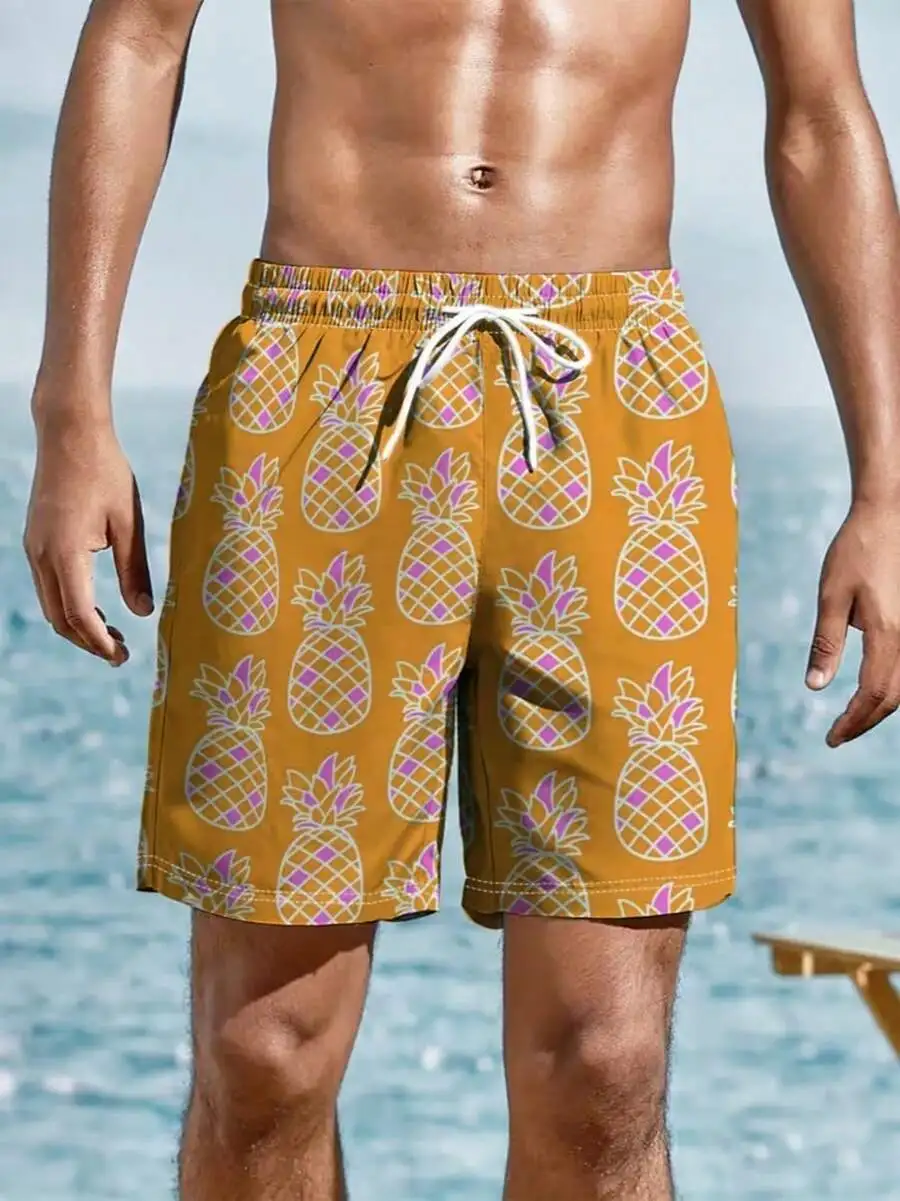 

Mens Pineapple Print Beach Shorts Elastic Waist Drawstring Loose Fit Lightweight Swim Trunks