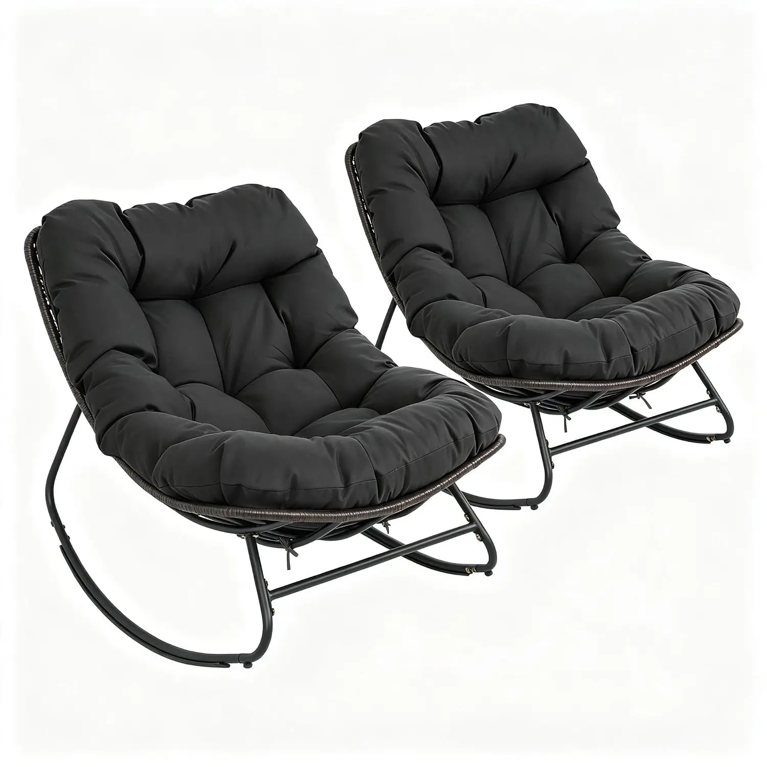 Outdoor Papasan Rocking Chair, Oversized Wicker Egg Chair with Soft Cushion, Steel Frame, Woven Rattan Patio Rocker Indoor Loung