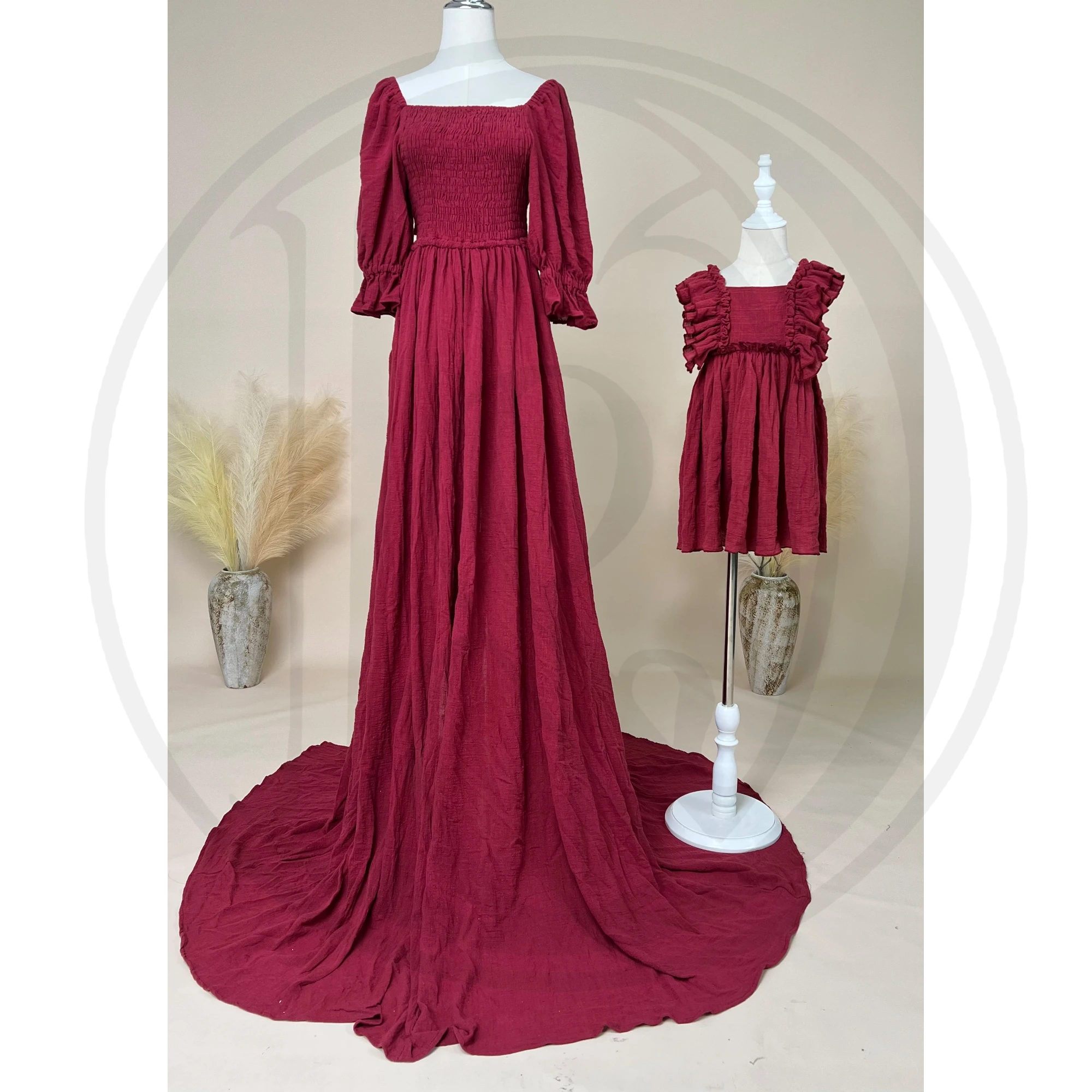 Don&Judy Square Neck Smocked Bodice Long Sleeve Maternity Gown with Sweep Train Matching Little Girl Ruffle Sleeve Dress