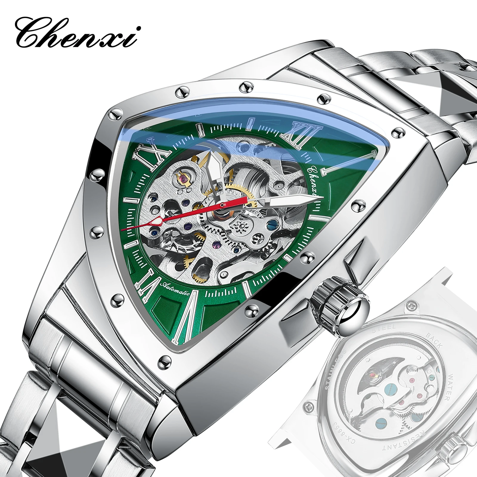 CHENXI Designer Luxury Fashion Man Watch Triangle Steel Skeleton Mechanical Automatic Movement Clock Sports Silicone Strap Wrist