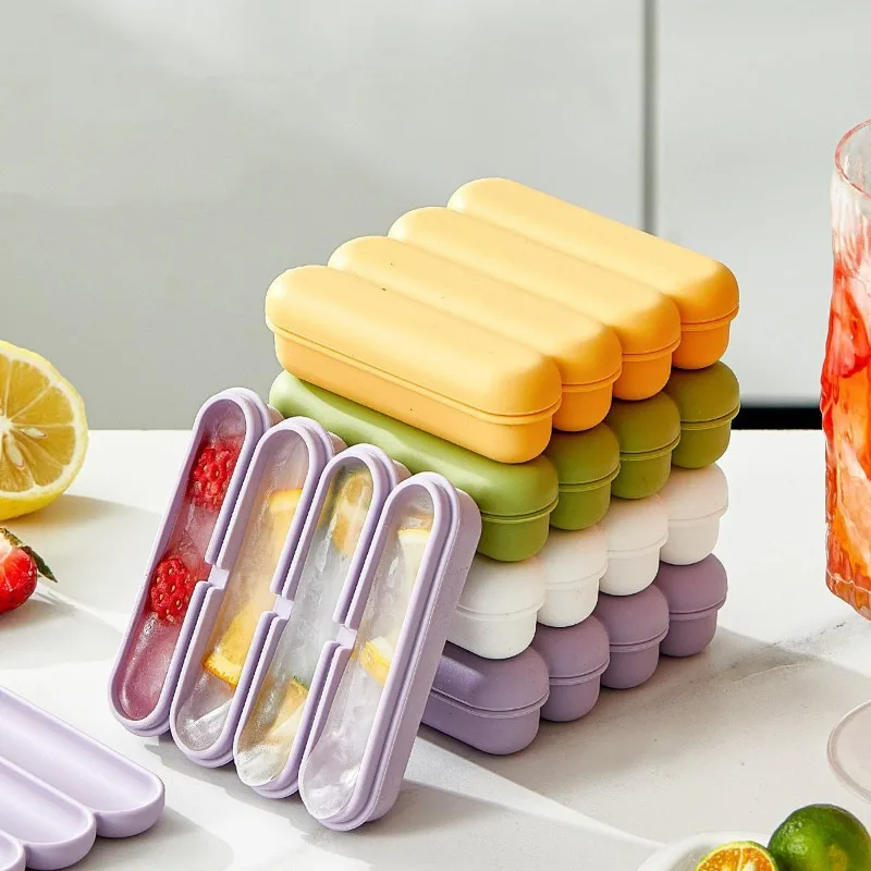 1/4pcs Colorful Silicone Ice Cube Tray with Lid Reusable Popsicle Mold Long Strip Whiskey Ice Tray Molds Kitchen Gadgets Tool