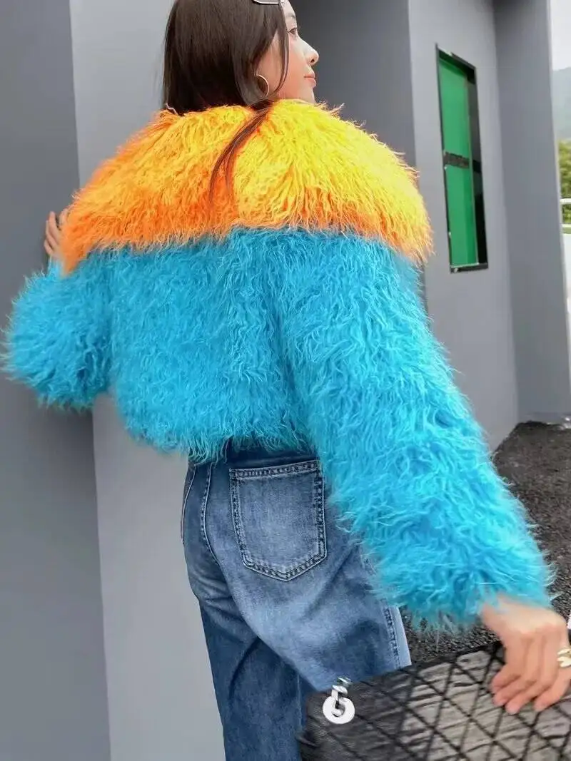 Women Faux Sheep Coat Contrast Color Lapel Top Cropped Winter Fur Jacket Woman Outerwears New In Coats & Jackets