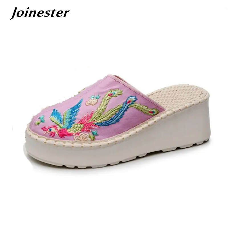 

Women Summer Slippers Ethnic Embroidered Wedge Shoes Ladies Casual Slides Vintage Outdoor Mules Female Round Toe Heels