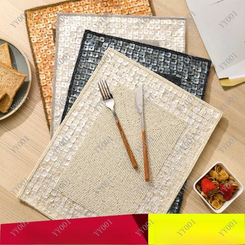 Square Beaded Placemat Shell Bead Heat Insulation Table Mat Creative Decor for Western Dining