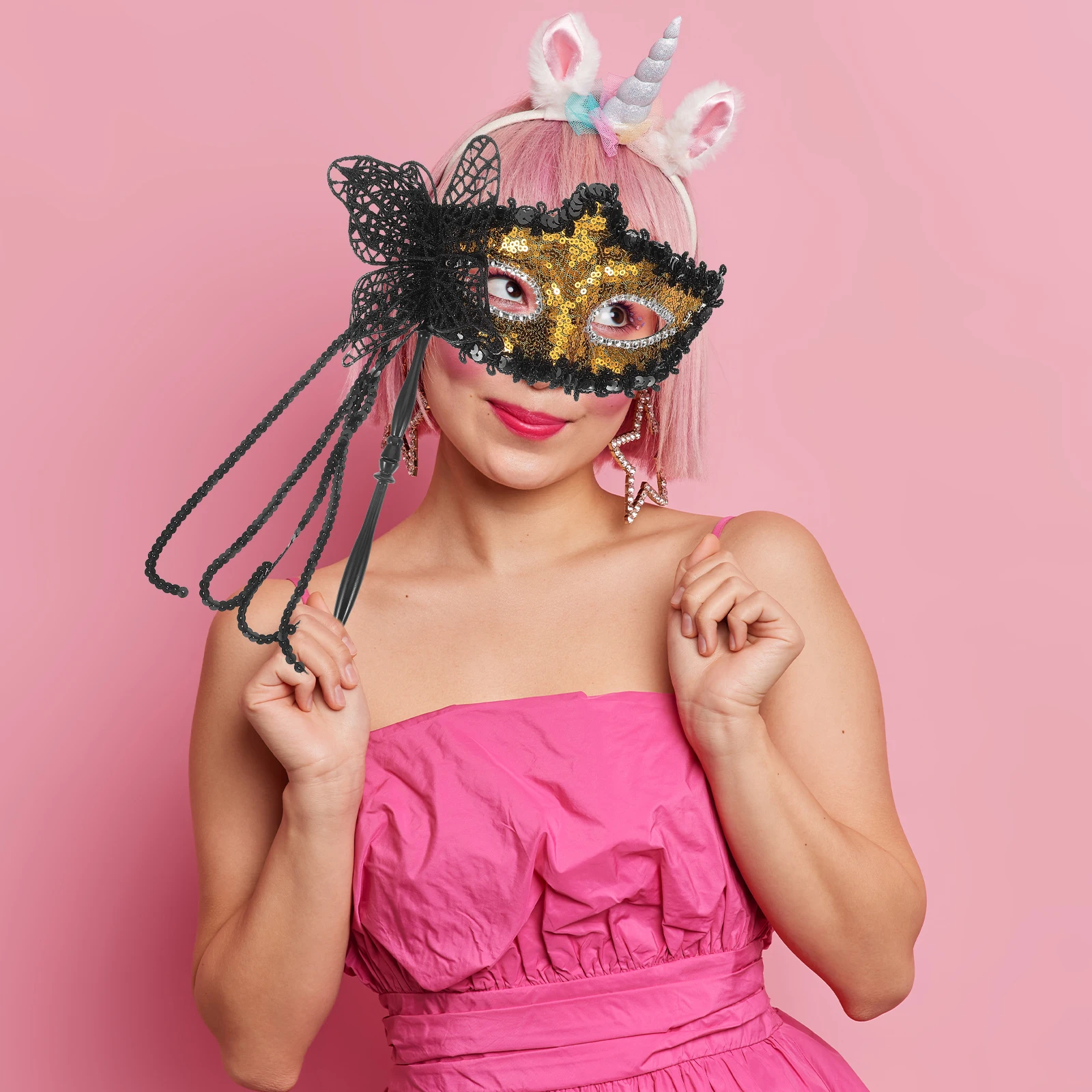 

Dragon Pattern H held Half Face Mask for Women Masquerade Party Costume Prop Yellow Glitter Fringe Butterfly Tassel Reusable