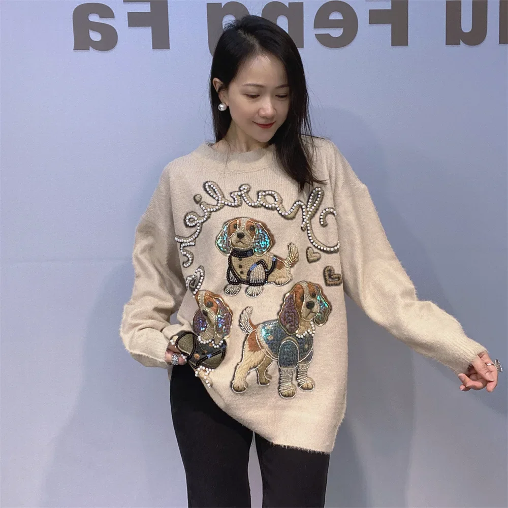 

Повседневный свитер большого размера, женская винтажная одежда, пуловер с длинными рукавами и вышивкой из мультфильма, свободный свитшот