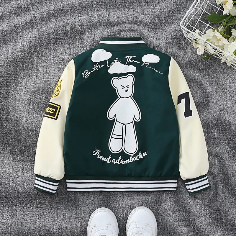Spring Autumn Teens Cool Boys Coat Cartoon Bear Pattern Baseball Sports Jacket For 4-12 Years Children Casual Outerwear Clothing