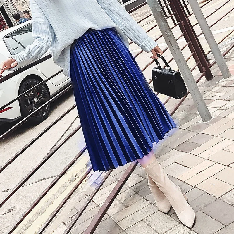 

2019 Fashion Autumn Winter Pleated Skirt Womens Vintage High Waist Skirt Solid Long Skirts New Fashion Metallic Skirt Female #FT