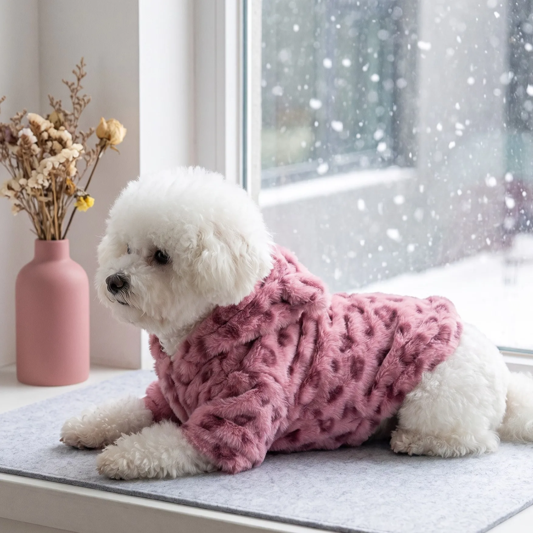 Hundejacke, Retro-Leopardenmuster, Kunstfell-Teddybär-Ohren, Kapuzenjacke mit Reißverschluss, dicke, flauschige, warme Haustierjacke – Detail 9