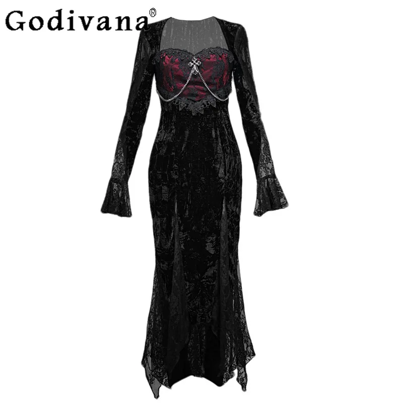 ハロウィンゴシックベルベットドレスボディコンロールプレイカーニバルドレス女性のための春秋のセクシーなパーティーコスプレレースドレス