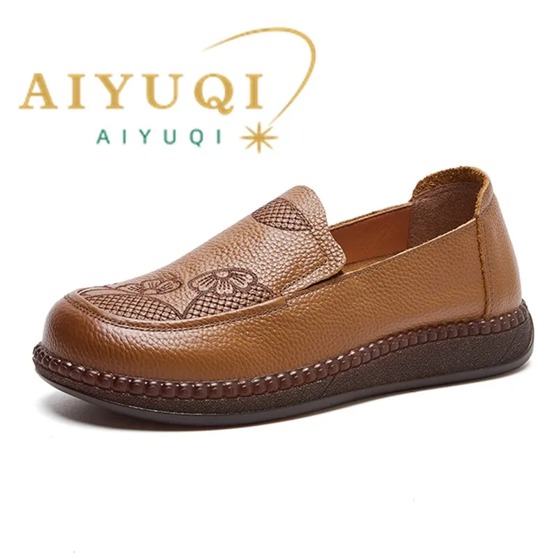 AIYUQI Women Genuine Leather Loafers Vintage Floral Embroidery Slipon Nonslip Flat Shoes Mother Elderly Ladies Casual Shoes