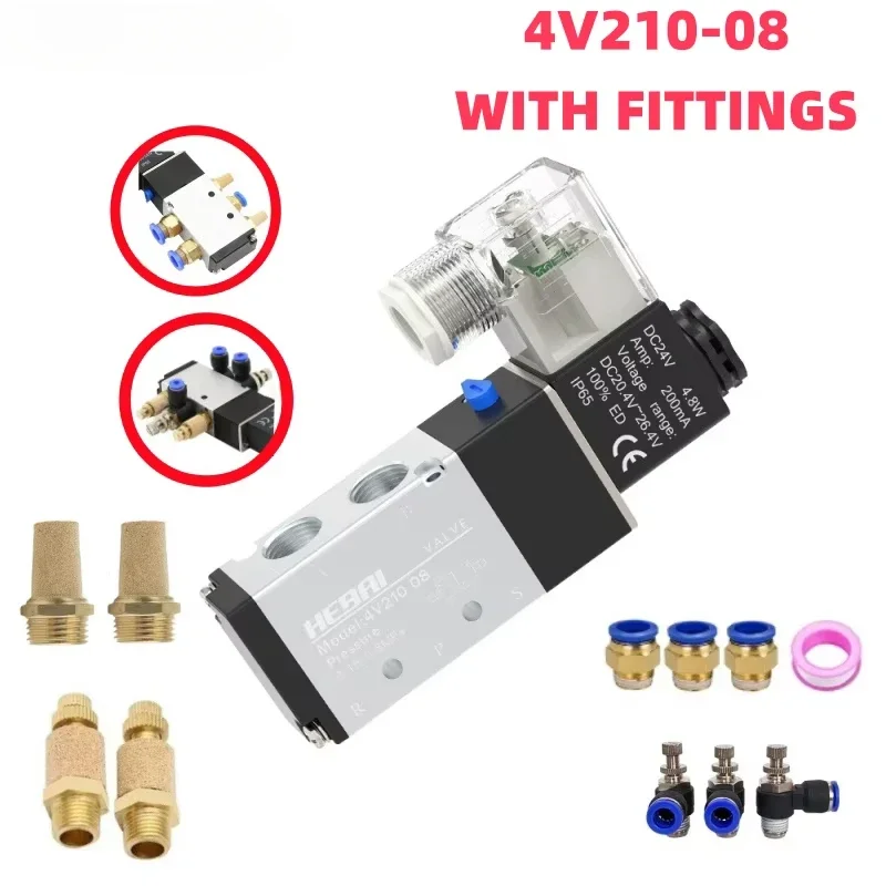 

Pneumatic Solenoid Valve with fittings 5 Way 2 Position Control Air Gas Magnetic 4V210-08 12V 24V 110V 220V Coil Volt