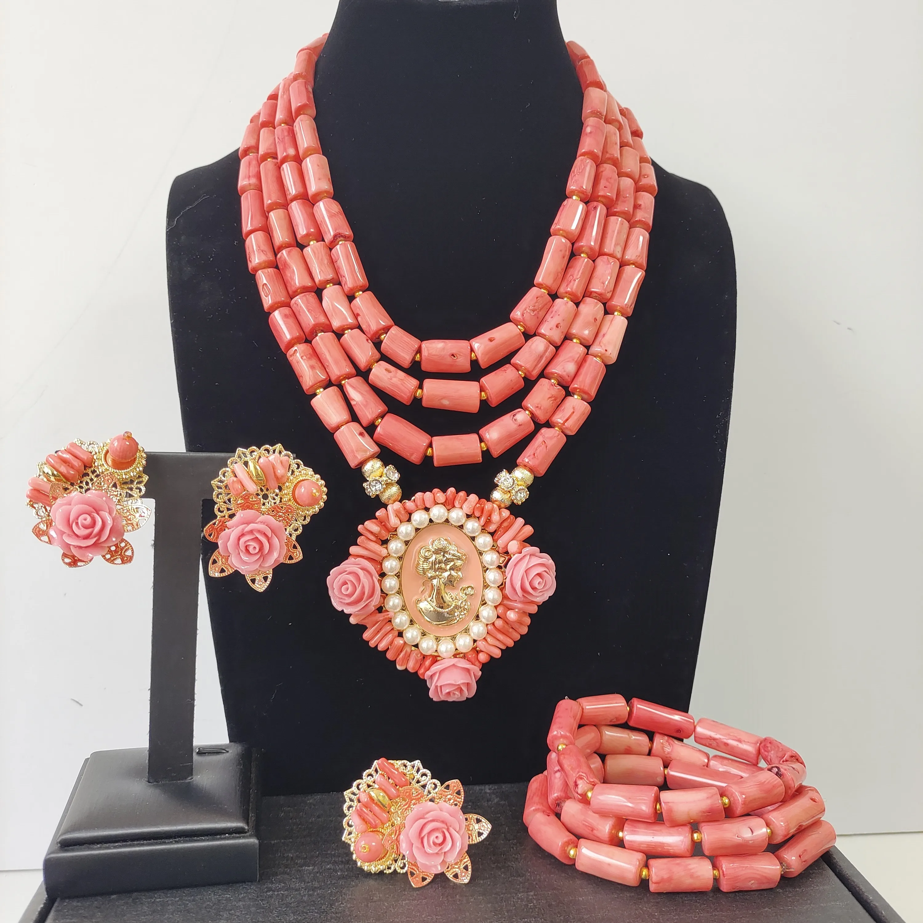 Pink Nature Coral 4 Layers Coral Beads Jewelry Set With Necklace Bracelet Earrings Ring