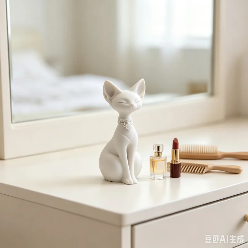 3D Printed White Textured Elegant Sphynx Cat Sculpture With Lace Necklace Smooth Slender Kitten Statue Minimalist ModernOrnament