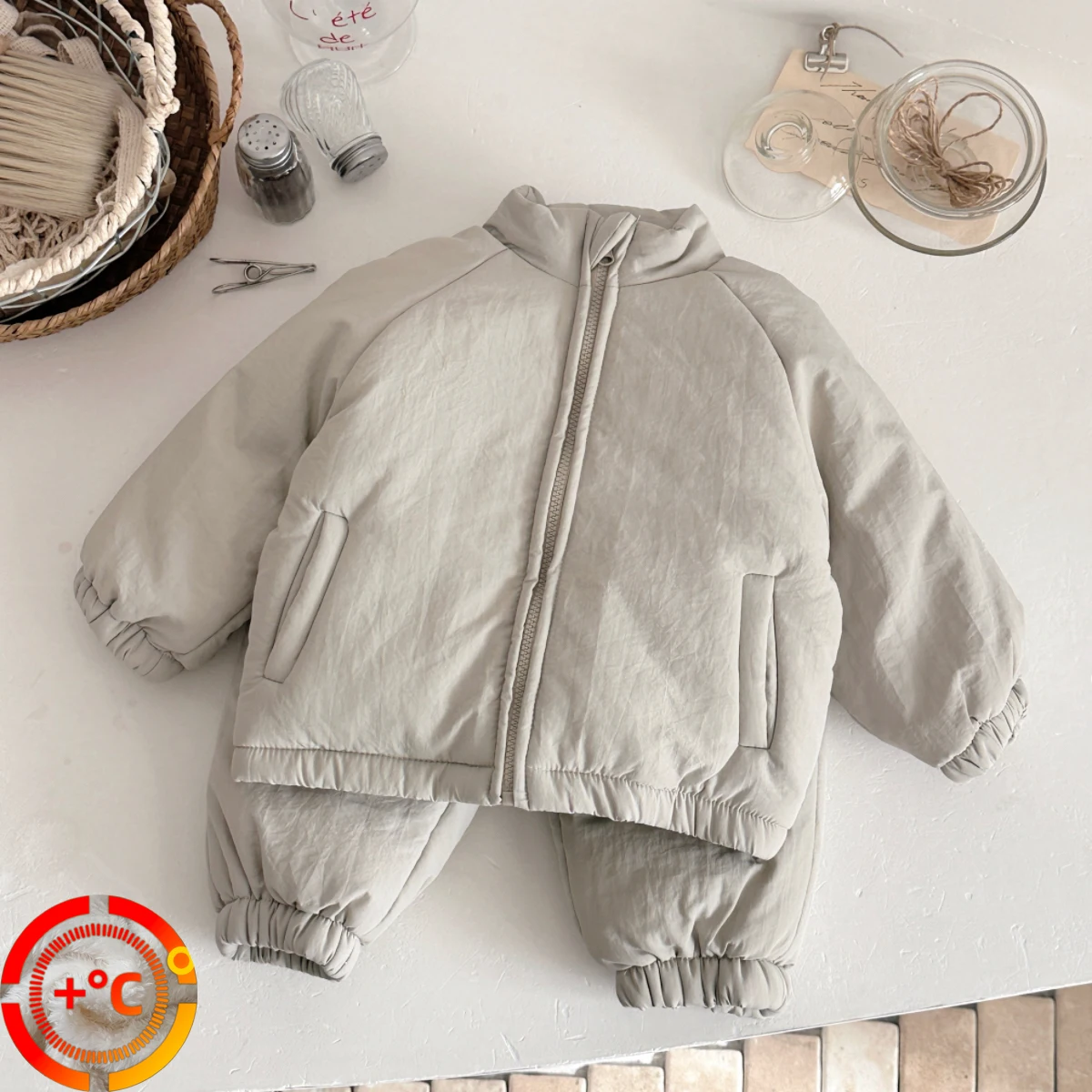 Solid Color Kids Winter 2Pcs Outfit Warm Padded Jacket and Cuffed Pants Loose Fit Neutral Tracksuit Newborn Baby Items