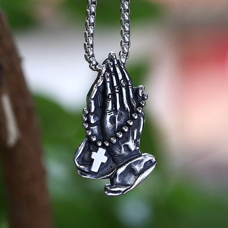 2024 New Pray Hands Pendant Necklace 316L Stainless Steel Jewelry  Saint Cross Chain For Man Women Lucky Gift