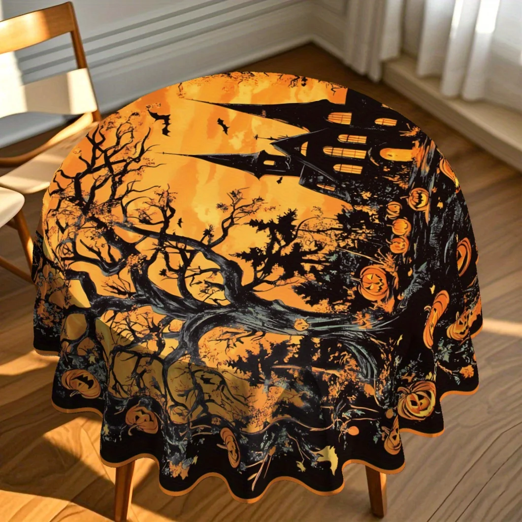 One round Halloween tablecloth with patterns of haunted houses, bats and pumpkin lanterns, suitable for the festivalzyc