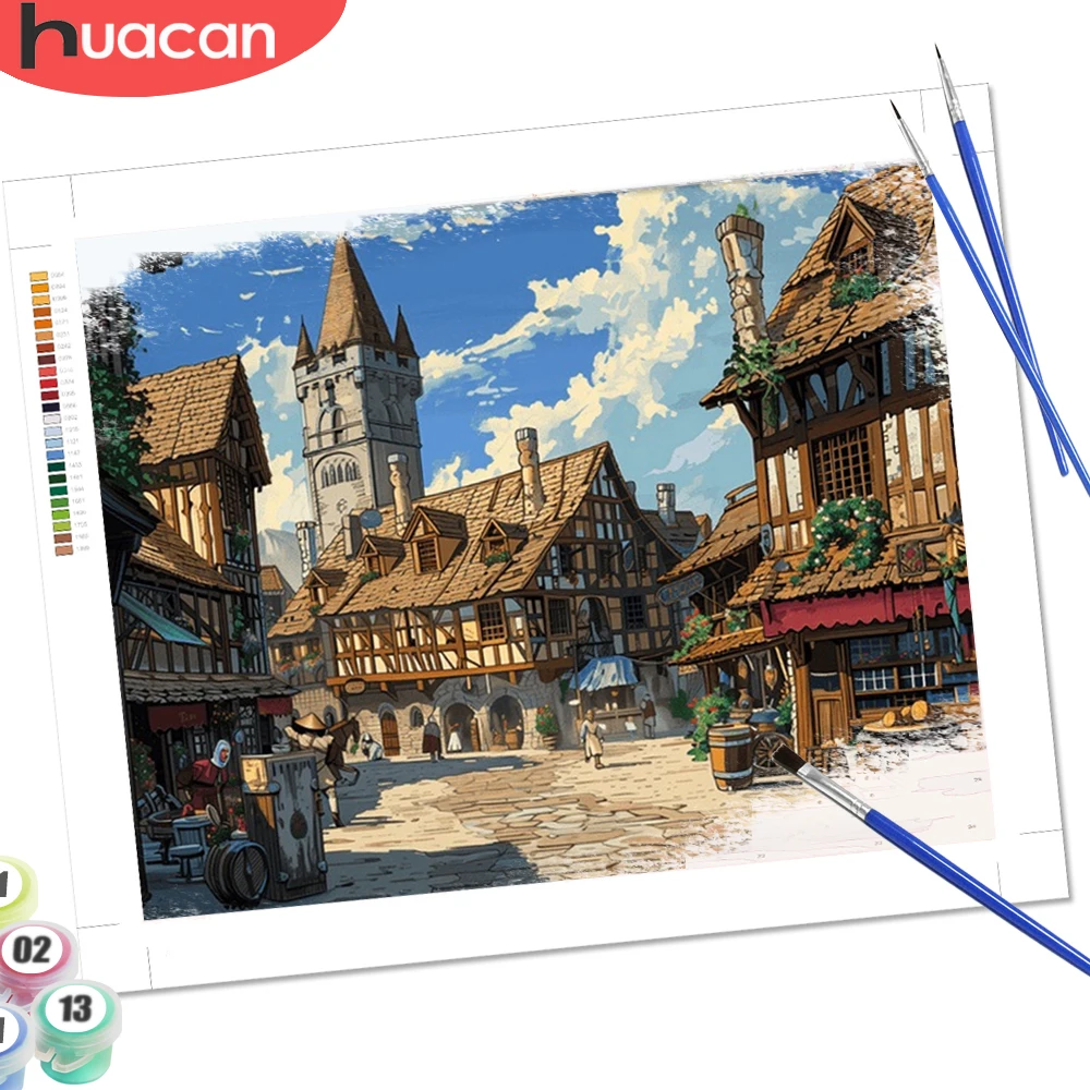 HUACAN Malen nach Zahlen, Hauslandschaft, abstraktes Malen nach Zahlen, Stadtstraße, Weihnachtsgeschenke, Leinwand-Wandset