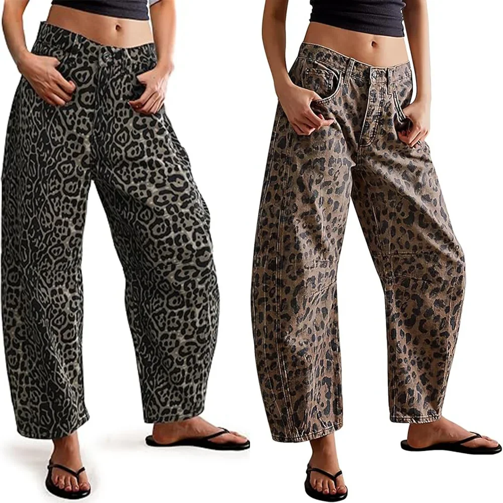 

2025 Leopard Baggy Jeans Women Fashion Streetwear Style Casual Jeans Y2k Vintage Femme Wide Leg Pants New Autumn Winter