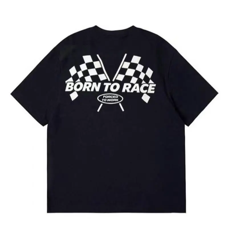2026 New Oversized Unisex Streetwear T Shirt Born To Race Checkered Racing Flag Back Graphic Casual Cotton Tee