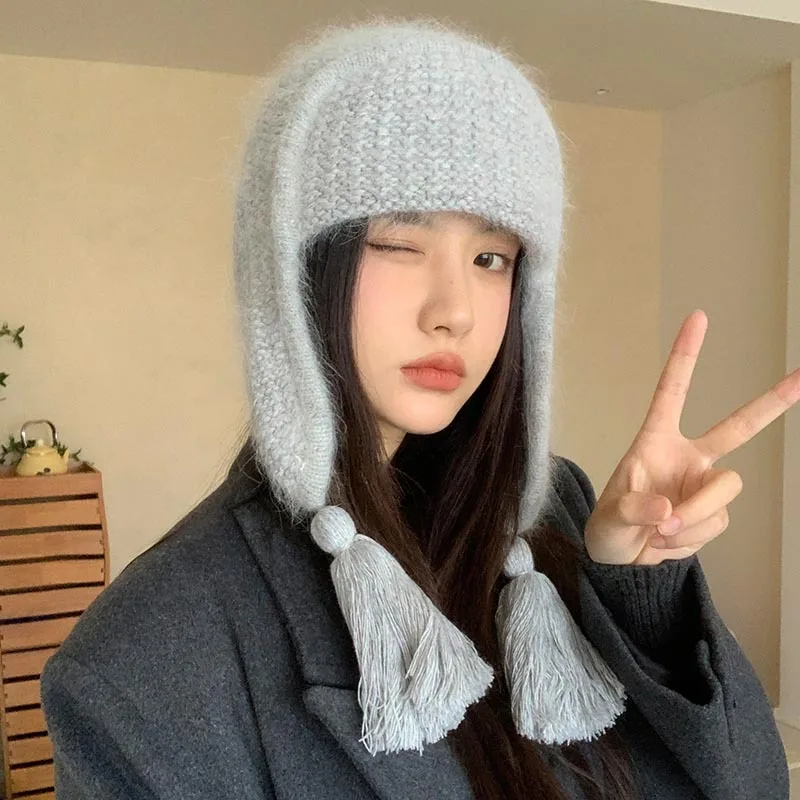 

Bomber Hat Earflap Women Winter Angora Knit Beanie Warm Accessory For Cold Weather Autumn Outdoor Skiing Holiday