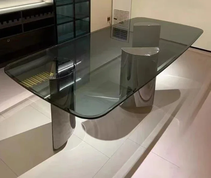 

LDItalian Mirror Stainless Steel Suspension Dining Table Wedge High-End Rectangular Tempered Glass Dining Table Italian Minimali