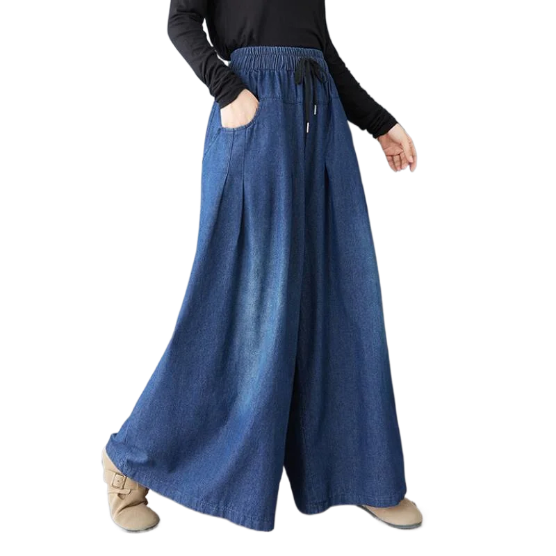 Jeans Baggy Women's Denim Casual Skirt Pants Elastic Waisted Drawstring Trendy Side Slit Wide Leg Pants with Pockets