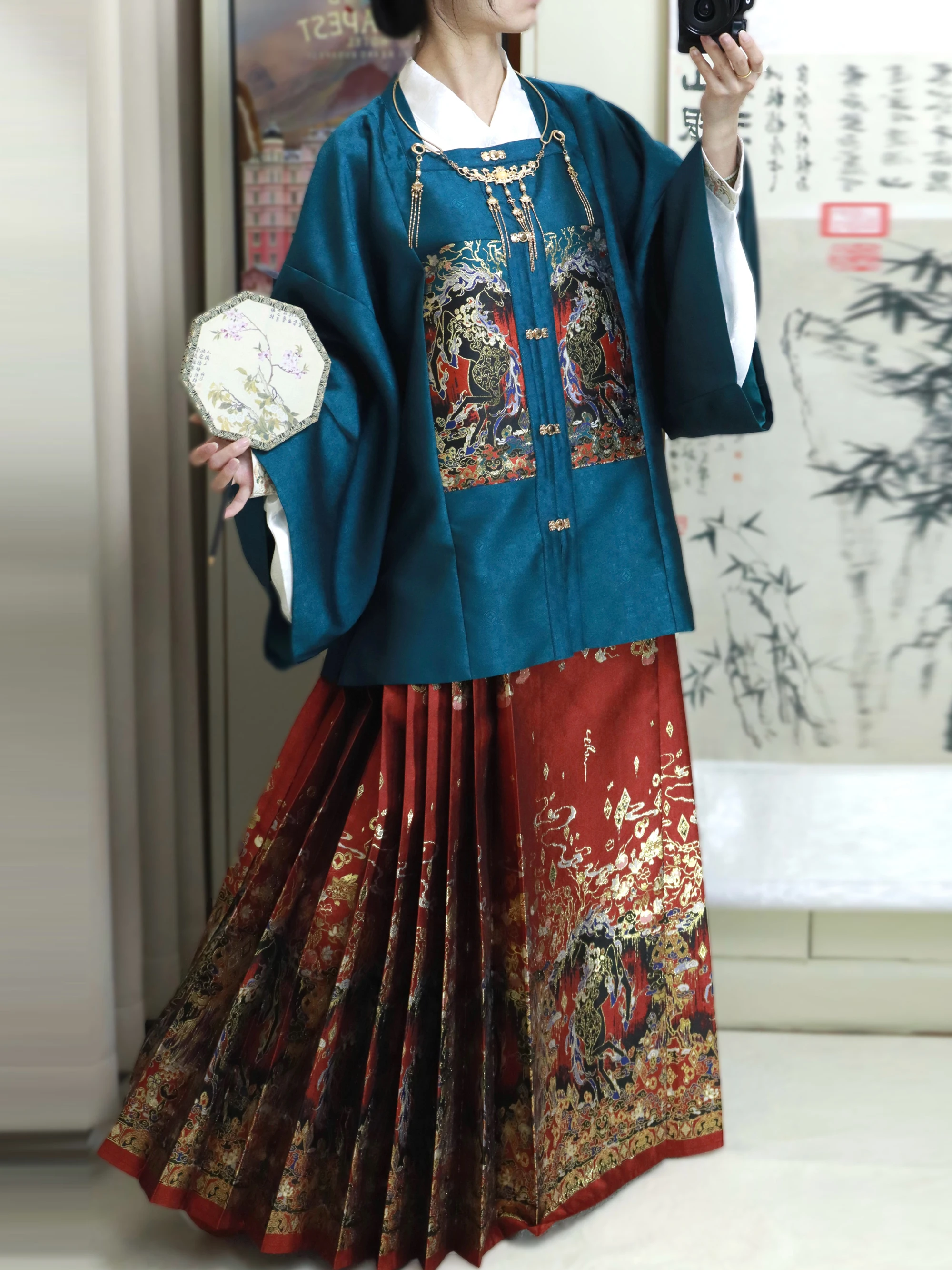 

Blue Ming Dynasty Size Large Year Square Collar Embroidered Brocade Women's Hanfu Suit Reformation Period Costume