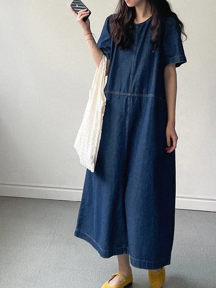 Vestido de Jeans com Decote Redondo e Manga Curta, Estilo Coreano, Vestido de Verão Faionável para Mulheres, Saia Longa em ...