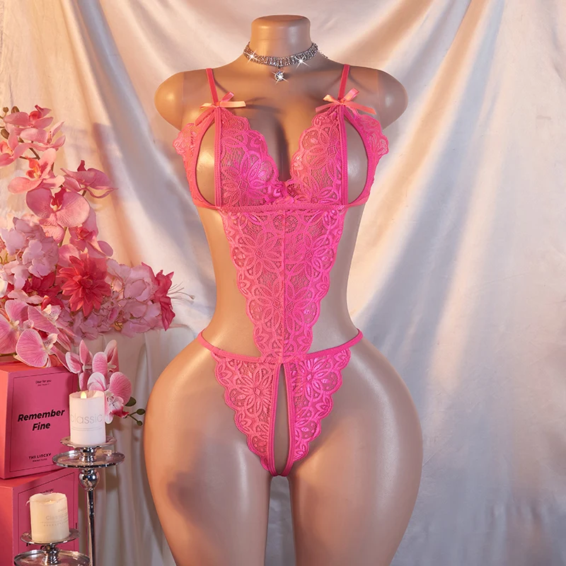 One-piece Hollow Rose Lace Transparent Sexy Lingerie Seduces Exotic Teddy Doll Jumpsuit Erotic Crotchless Sex Clothes Bodysuit view 2