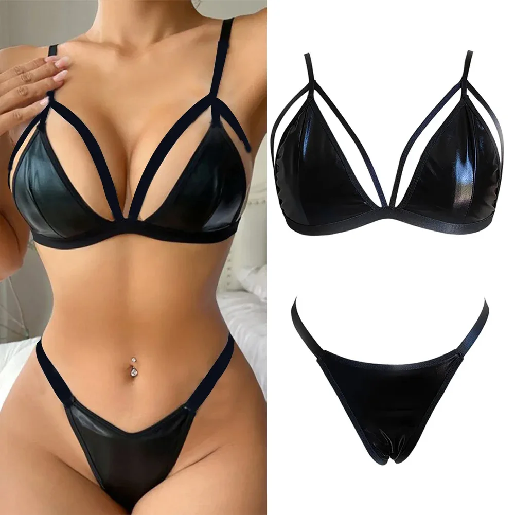 

Women PU Latex Lingerie Sets Oily Shiny Leather Comfortable Bra Sexy Set Women's Thong Sexy Female Underwear Set Erotic Lingerie